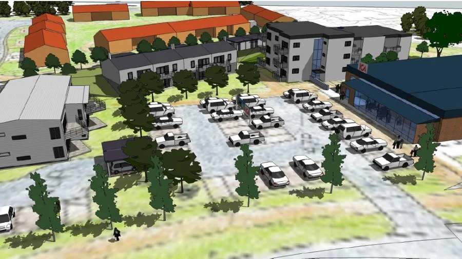 Illustration av M5 Arkitektur. Sturefors framtida centrum, Ica till höger. Bortom Ica en tre-våningsbyggnad med seniorbostäder.