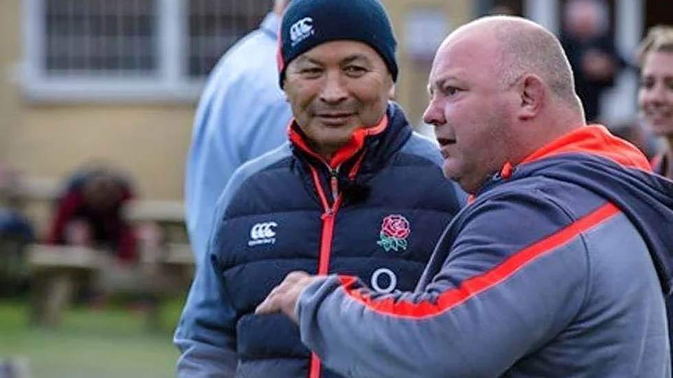 Kevin Moggridge till höger, tillsammans med Englands förbundskapten Eddie Jones.