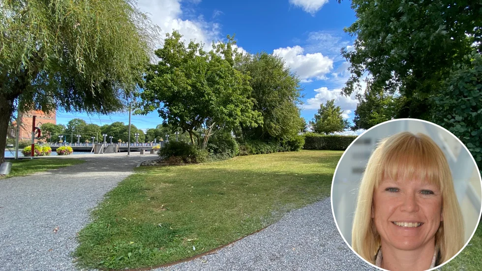 Längst in på den här gräsfliken, mot buskaget, ska en restaurang eller ett café byggas. "Att aktivera å-rummet kommer vara positivt för hela stadskärnan", säger kommunens stadsutvecklingsstrateg Christina Blomberg.