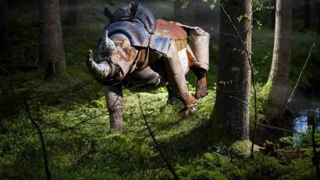 Noshörning i plåt, bildäck och textilier av Alpo Koivumäki, Finland.Foto: Mads Lauritzen