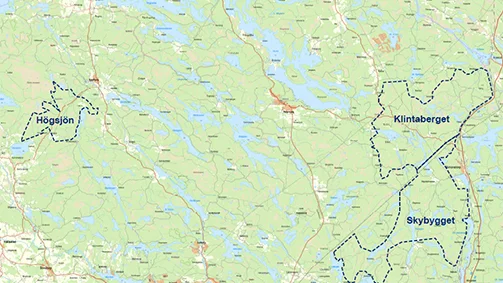 De tre vindkraftparkerna – Klintaberget, Skybygget och Högsjön – som är planerade är belägna väster om riksväg 55 från Simonstorp, Rejmyre och strax norr om Finspång.