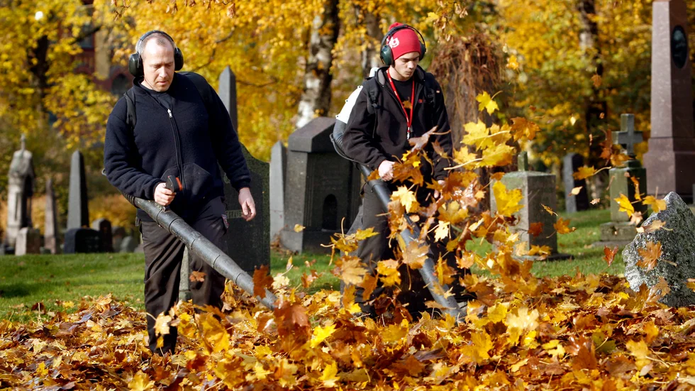 Lövblåsningen tillhör de arbetsmoment som låter högt på kyrkogårdarna. "Löv är alltid en avvägning, får de ligga för länge blir det svårt att få bort dem och vår personal vill att det ska vara fint".