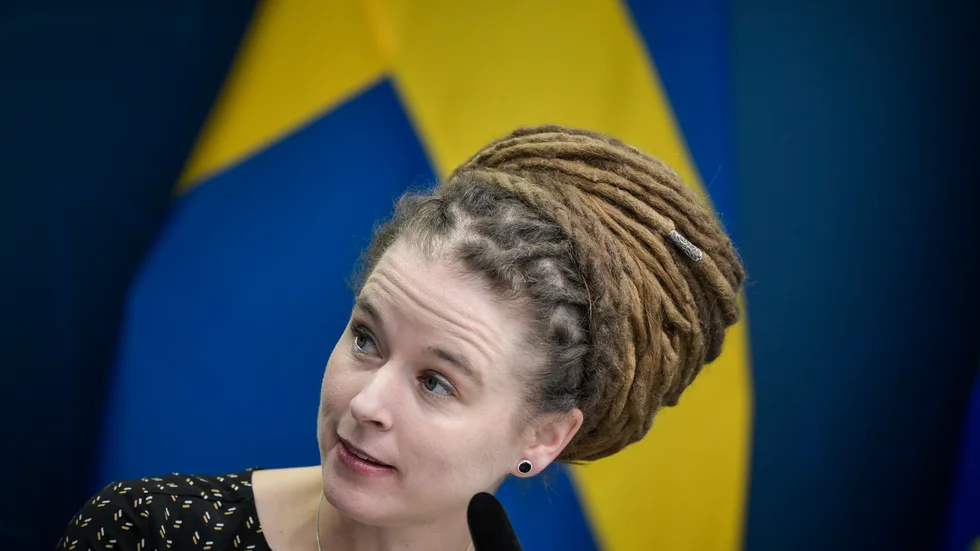 Kulturminister Amanda Lind (MP) håller pressträff om ändrade publikregler. Arkivbild.