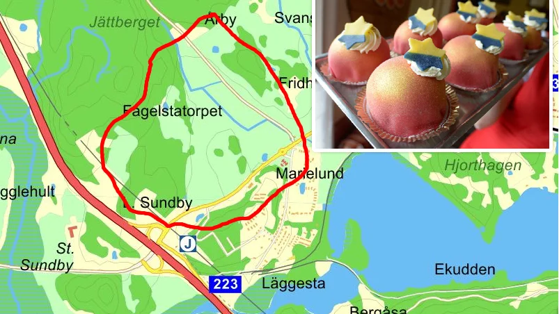 Det inringade området är en ungefärlig angivelse av var de nya bostadsområdena, som får kvartersnamn med konditoritema, kommer att ligga.