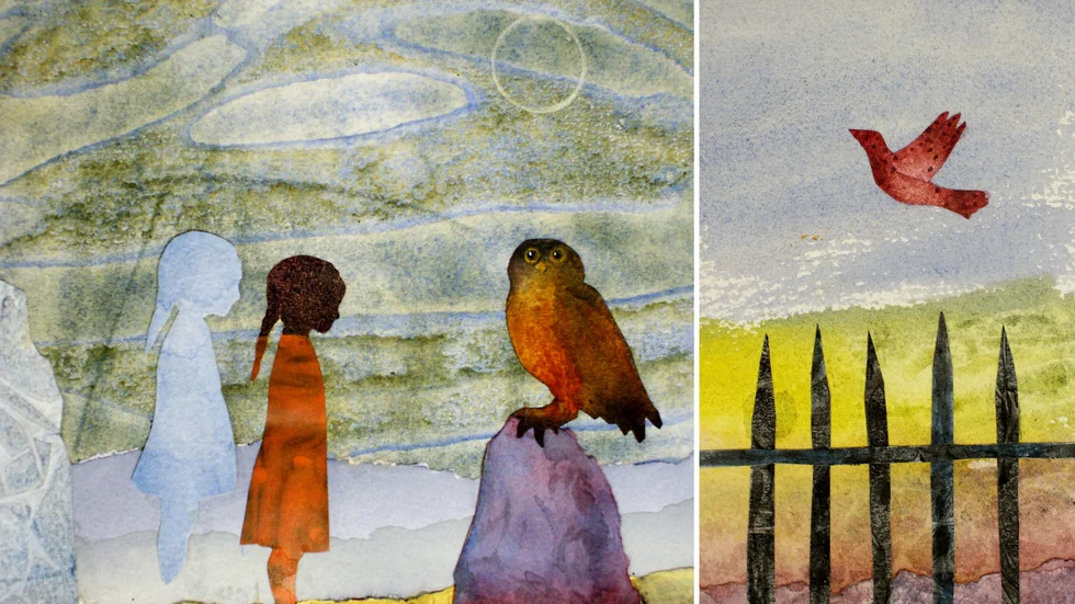 Till boken har hon använt några av de collage som hon visade i Julsalongen 2018 på Galleri Lindberg i Luleå. Här "Mötet" och "Längtans fågel flyger".