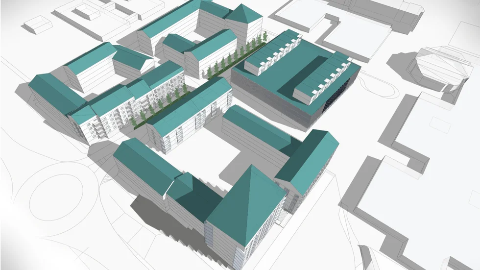 Så här föreslås de nya husen placeras. Notera radhusen uppe på taket till parkeringshuset. Vita huset till höger är Anderstorpsgymnasiet.