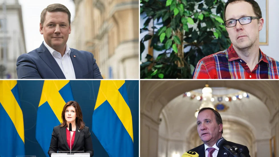 Kommunals ordförande Tobias Baudin och Krister Johansson, ordförande för LO-distriktet i Norra Sverige. 
Arbetsmarknadsminister Eva Nordmark (S) och statsminister Stefan Löfven.