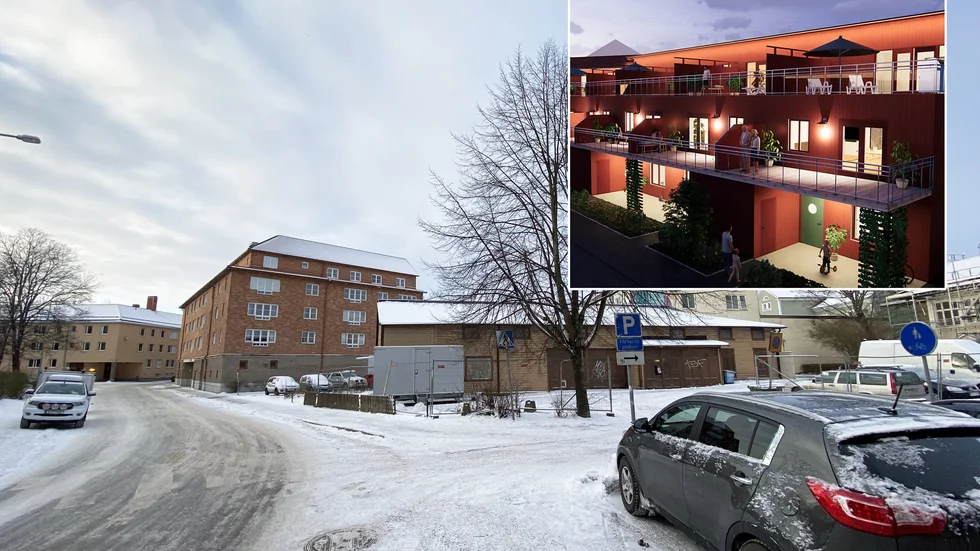 Det är på tomten vid trädet som radhusen ska byggas i tre våningar. Adressen är Tullgränd.