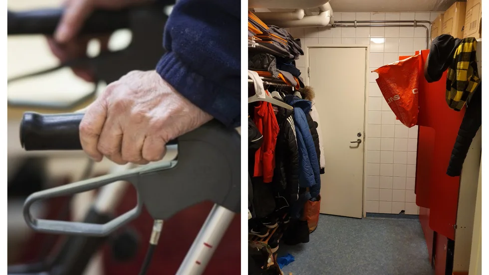 Th bild från Olivia hemomsorgs nya lokal som är för trång enligt personalen. Här blandas arbetskläder med privata kläder, arbetsmaterial och rena arbetskläder. Här saknas även brandvarnare.