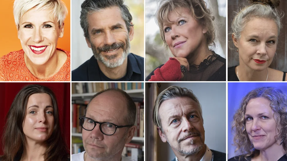 Författare klara inför Litterart Gästabud i Nyköping: Anna Laestadius Larsson, Jens Lapidus, Marie Nilsson Lind, Sara Stridsberg, Nina Wähä, Peter Englund, Ernst Billgren och Marit Kapla.