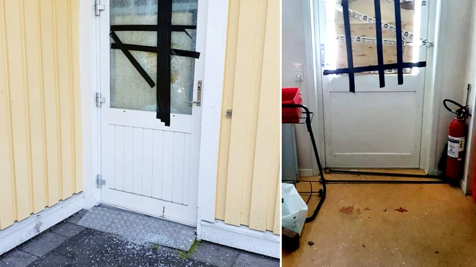 Gärningsmännen tog sig in genom att slå sönder fönstret på ytterdörren med en stor sten.