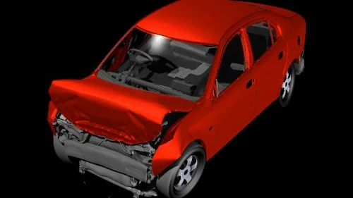 Den här bilen finns inte på riktigt, utan bara som miljontals siffror i en dator. Bilen har krockat och datorn räknar ut vad som händer. Stämmer inte konstruktörernas beräkning måste man börja om från början. Bild: Linköpings universitet