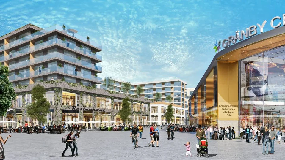 Visionen. Illustrationen visar hur det är tänkt att Gränbystaden ska utvecklas med butiker bostäder och arenaområde.