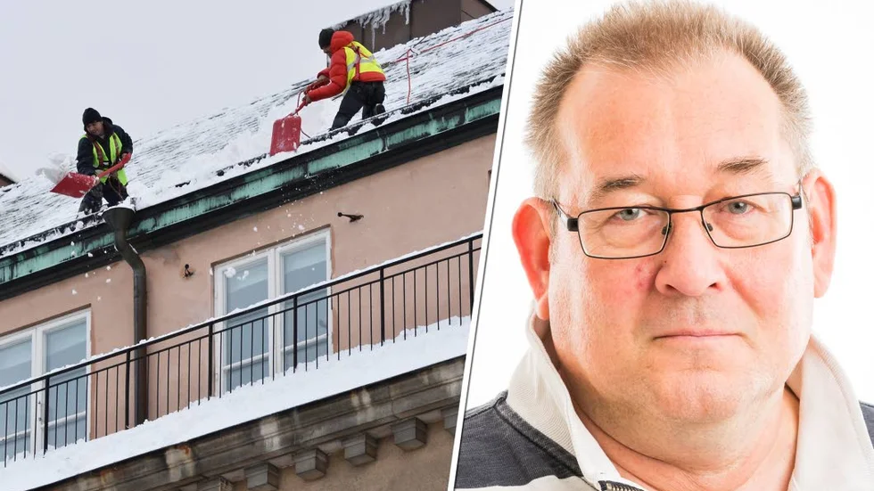 Bilden är ett montage. Både privata bostadsägare och hyresgäster har ansvar att skotta sina balkonger. Håkan Forsman, ärendehandläggare på Hyresgästföreningen berättar att det dock aldrig brukar vara ett problem i mellersta Sverige.