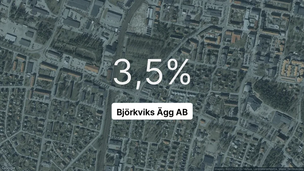 Illustrationen visar rörelsemarginalen för Björkviks Ägg för det senaste året. Bakgrunden är en satellitbild över företagets adress.