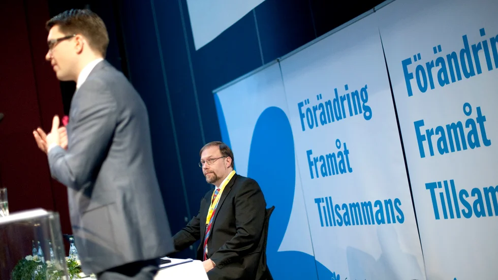 Jimmie Åkesson valdes till partiordförande för Sverigedemokraterna 2005. På bilden syns även hans företrädare Mikael Jansson, som stod i spetsen för partiet 1995-2005.