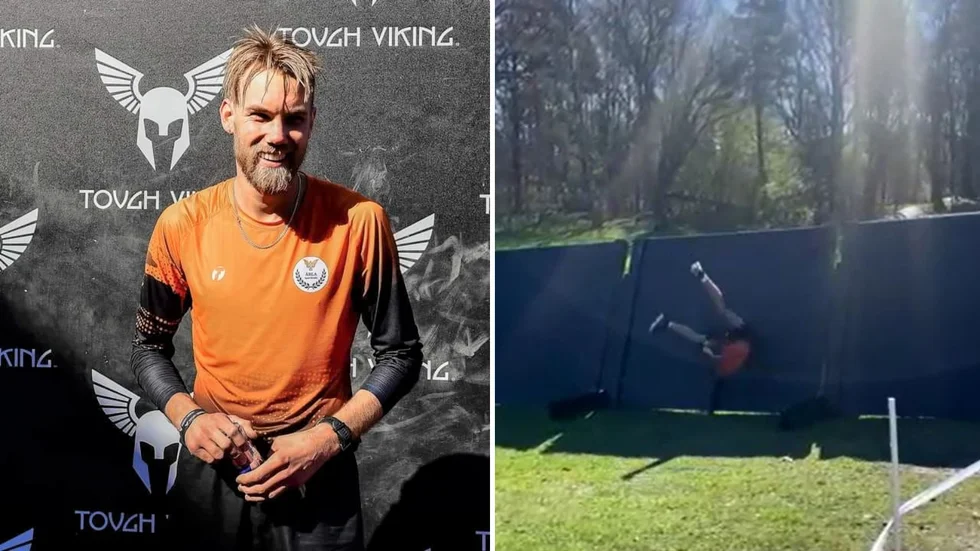 Ärla SK:s Daniel Ekström, 24, föll handlöst under Tough Viking-tävlingen i Stockholm i helgen. Se klippet nedan.