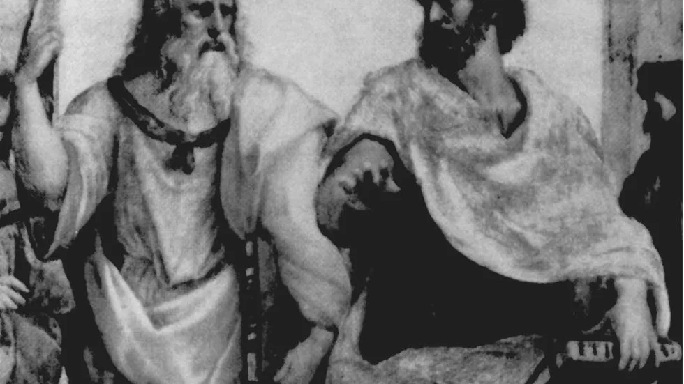 Filosofen Platon med lärjungen Aristoteles. Platon (till vänster) och Aristoteles avbildade på en alfrescomålning av Rafael i Vatikanen i Rom.