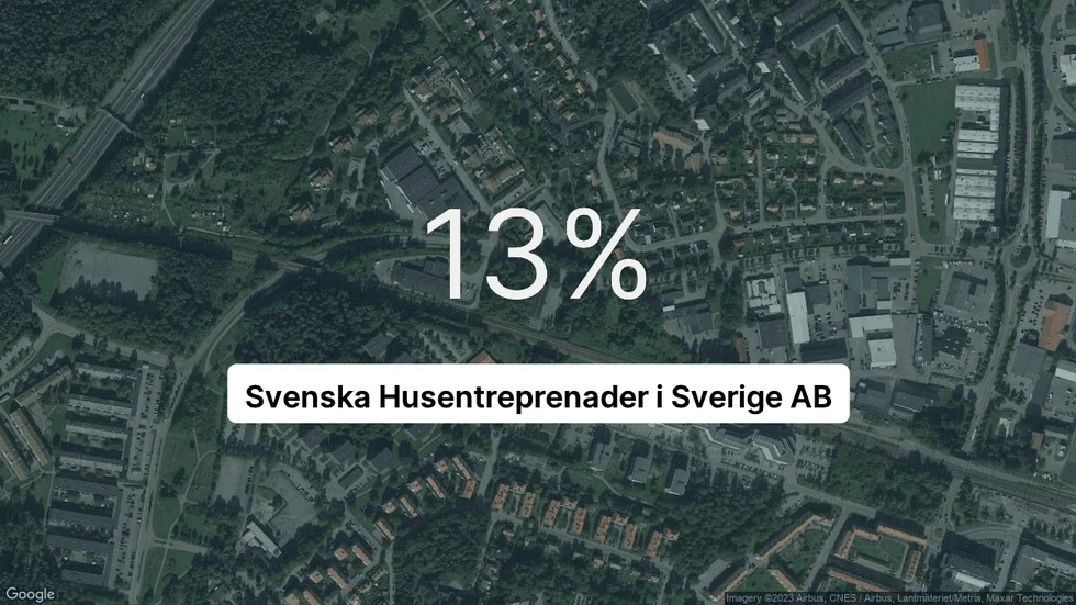 Illustrationen visar rörelsemarginalen för Svenska Husentreprenader i Sverige för det senaste året. Bakgrunden är en satellitbild över företagets adress.