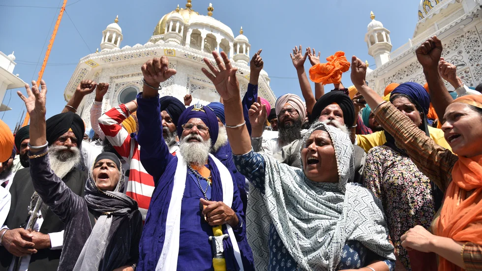 Anhängare till Amritpal Singh vid en demonstration i Amritsar i slutet av mars.