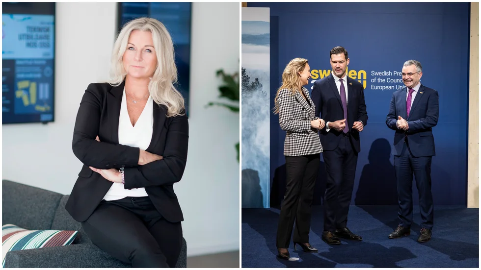 Anna Bauer, vd för mötesanläggningen Scandinavian XPO. Till höger ministrarna Ebba Busch (KD) och Johan Forssell (M) som samtalar med Irlands handelsminister Dara Calleary, efter ett möte i Scandinavian XPO.