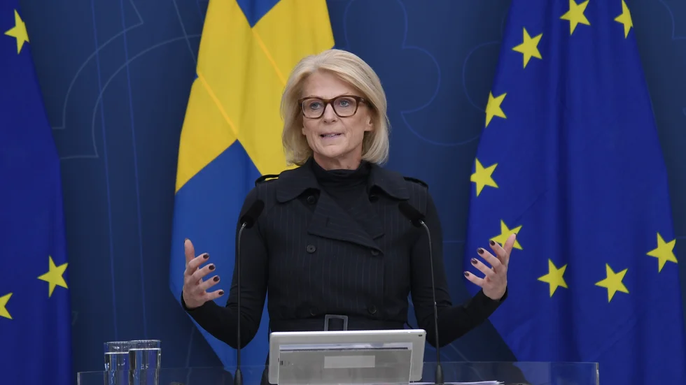 Finansminister Elisabeth Svantesson (M) i samband med dagens pressträff om det ekonomiska läget.