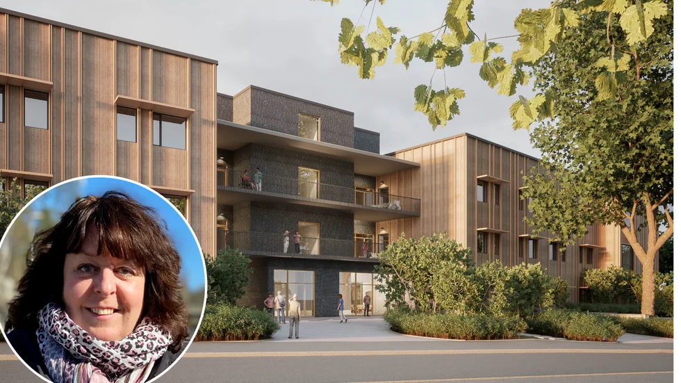 Så här ska det nya vård- och omsorgsboendet se ut som ska uppföras i Skogstorp. På infällda bilden syns Maria Stridfeldt, projektledare på Kfast.