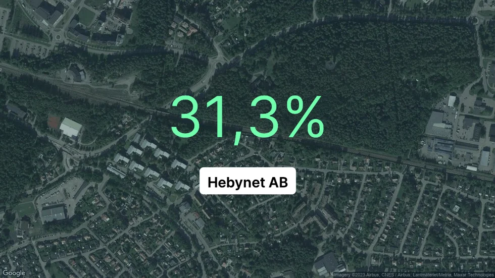 Illustrationen visar rörelsemarginalen för Hebynet för det senaste året. Bakgrunden är en satellitbild över företagets adress.