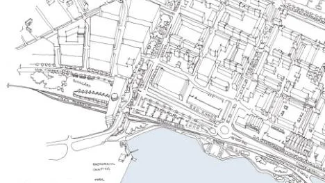 I ÅF/Monarkens västliga alternativ har Västergatan förvandlats till en grön boulevard. Resecentrumet är "tårtbiten" längst ned på skissen. En nackdel med detta exempel är att det blir en dyr överbyggnad.