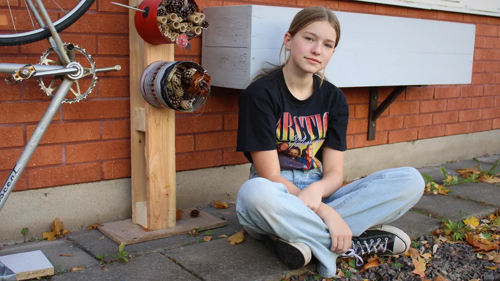 Agnes Persson har gjort ett insektshotell av en gammal konservburk, en korg och kottar. På den har hon skrivit Metallica. "Vi har ett insektshotell hemma som jag inspirerats av. Det är viktigt med många hålor som insekterna kan krypa in i", säger hon.