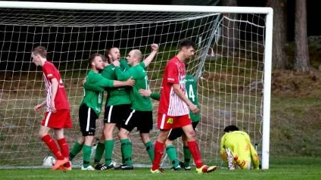 Rosviks spelare jublar efter att David Mikaelsson nickat in Rosviks segermål, 3-2.