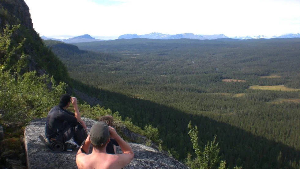 Vacker vy. Utsikt över gamla naturskogar och fjällgården Skaite i Pärlälvens naturreservat. Värd en lång resa.