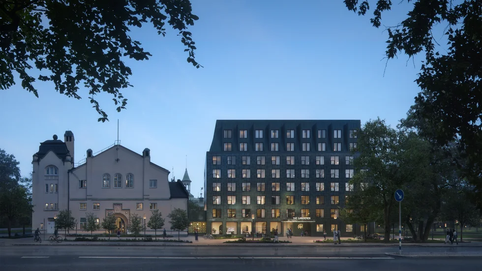 En ny byggnad i åtta våningar bredvid Svettis planeras innehålla bland annat hotell och restaurang. Vy från Sjukhusvägen. Exakt utseende bestäms senare. 