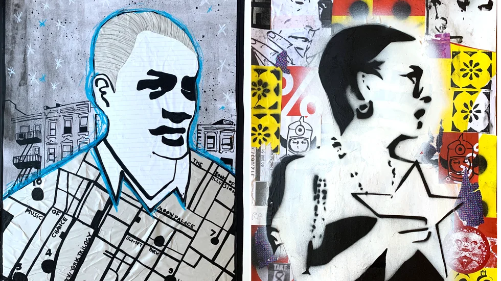 Två målningar av Fredrik Hardenborg. Till vänster: "Paul Auster", med författaren Paul Auster och staden New York. Till höger: "Hope for a new generation". Båda bilderna är beskurna. 