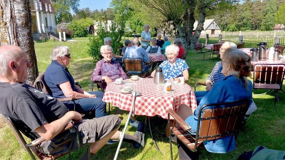 Hela gänget samlat i trädgården.