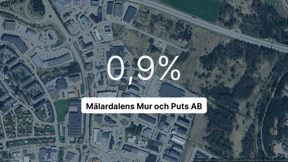 Illustrationen visar rörelsemarginalen för Mälardalens Mur och Puts för det senaste året. Bakgrunden är en satellitbild över företagets adress.