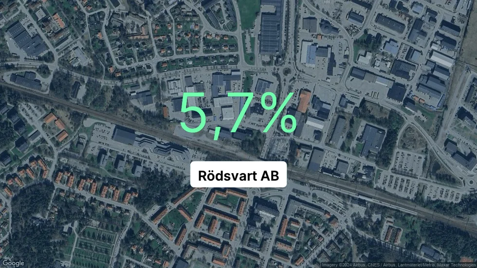 Illustrationen visar rörelsemarginalen för Rödsvart för det senaste året. Bakgrunden är en satellitbild över företagets adress.