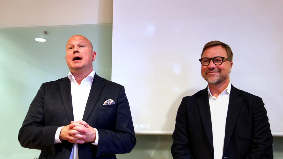 Destination Gotlands vd Marcus Risberg och Gotlandsbolagets vd Håkan Johansson under måndagens pressträff.
