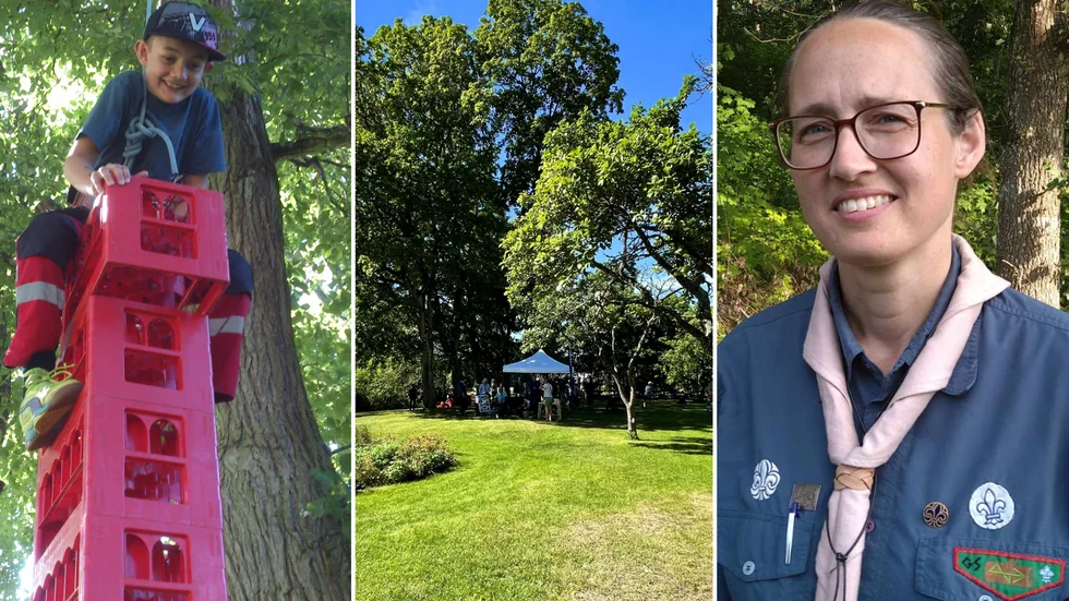På söndagen är det åter dags för den årliga Bondebackadagen i Motala med många olika aktiviteter. En av Motala Scoutkårs aktiviteter är att stapla backar. Här ses David Staaf göra det på en Bondebackadag för flera år sedan. "De som är modiga får stapla back och klättra så högt de kan", säger scoutkårens ordförande Karin Staaf om aktiviteten. 