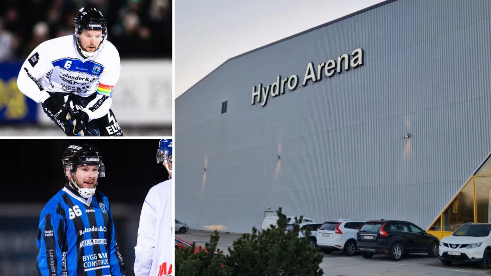 David Thorén (längst upp t v), Stefan Kröller och Hydro Arena i Vetlanda.