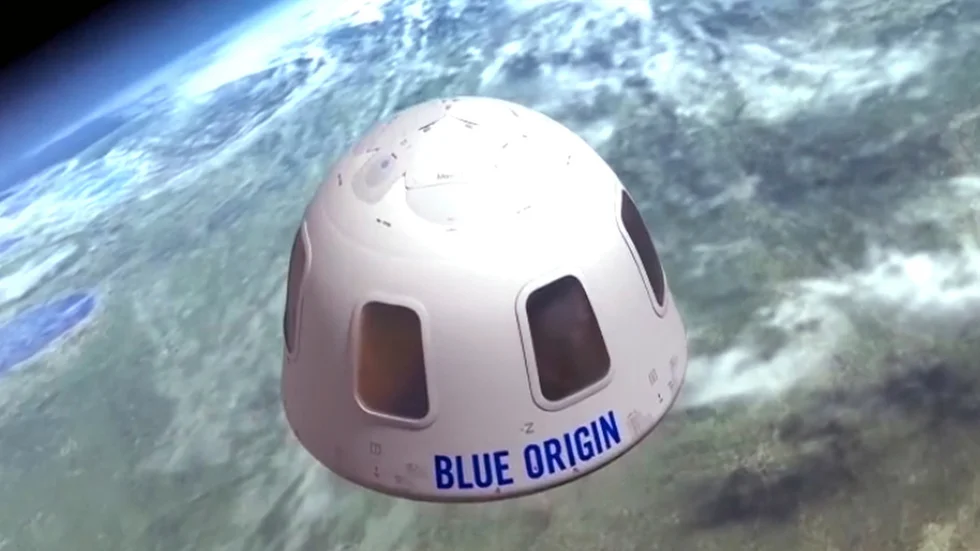 Illustrationsbild av hur det kan se ut när farkosten New Shepard tar de förmögna passagerarna till rymdens "gräns".