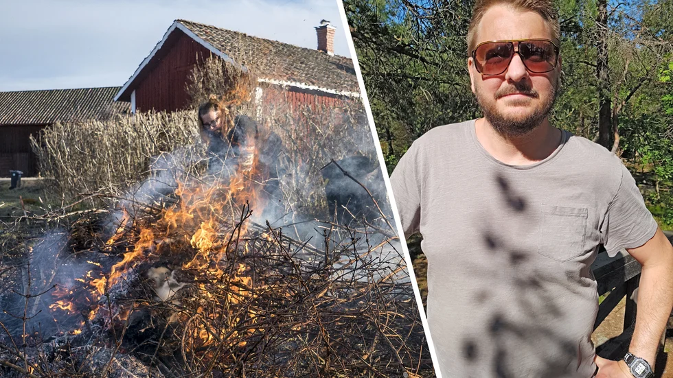 Fredrik Birath frågade kommunen om han fick elda trädgårdsris utanför de fastslagna eldningsveckorna. Det fick han inte, men han fick en räkning på 505 kronor. (Kvinnan vid elden har inget samband med artikeln.)