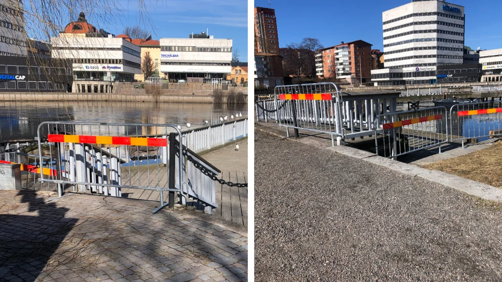En tråkig syn för fiskare i centrala Norrköping. Bryggan vid Strömsparken var avspärrad på tisdagen.