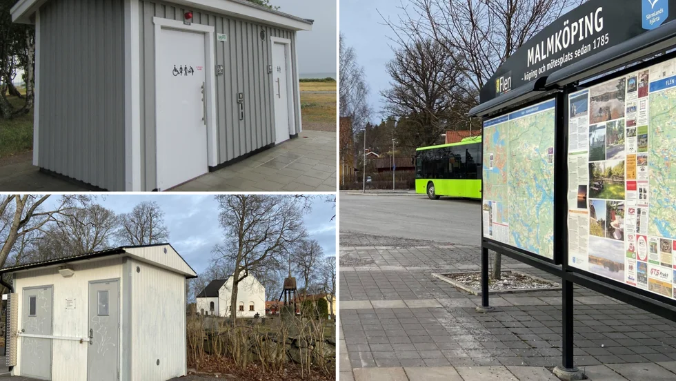 Den avstängda offentliga toaletten ska bytas ut mot en nybyggd som liknar produktbilden i övre hörnet. Men den som ska placeras i Malmköping är tänkt att matcha kyrkan som syns i bakgrunden.