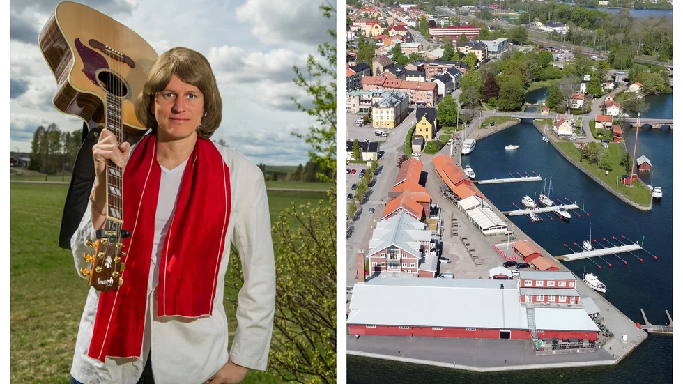 Ted Gärdestad-kopian Johan Eriksson gästar Hamnpiren i Motala. Bilden är ett montage.Hamnbilden är en arkivbild. 
