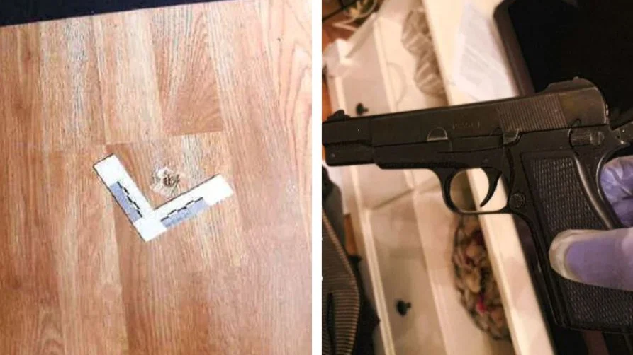 En 38-årig man avlossade av misstag ett skott i golvet. (Bilderna är hämtade ur förundersökningen.) 