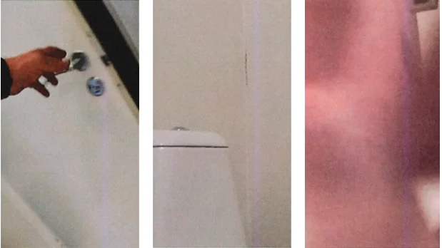 Bevismaterialet innehåller bilder som den tidigare chefen filmat med sin jobbmobil. På bild ett ser man honom öppna dörren till personaltoaletten, sedan tejpa upp kameran under handfatet (bild två) och sedan (bild tre) ta ner kameran när den filmat målsägaren.