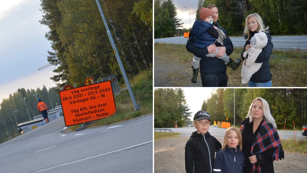 Den avstängda vägen mellan Klutmark och Medle skapar stora problem för barnfamiljer. Anton Andersson och Elin Jonsson (överst) med barnen Mille och Mio, samt Anna Norlén (underst) med barnen Isak och Erik.