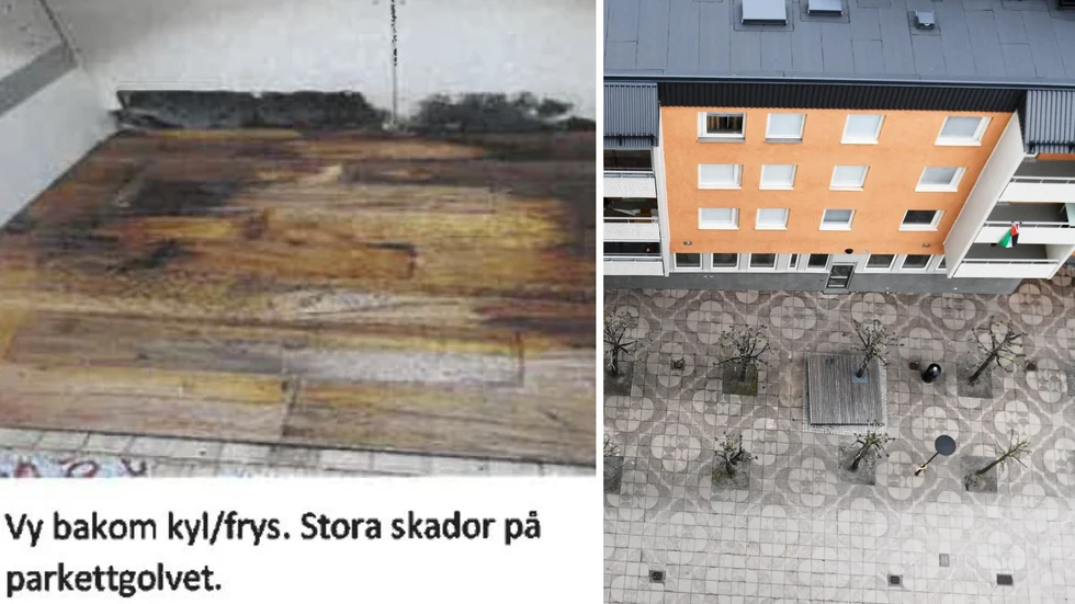 Bilden till vänster är från besiktningsprotokollet för den vattenskadade lägenheten. Fastigheten till höger har ingen koppling till det aktuella fallet.