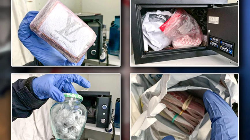 Bilder från när polisen gick igenom 32-åringens lägenhet. Polisen hittade flera olika typer av droger samt 31 700 kronor i kontanter.